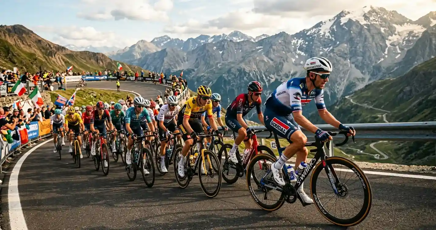 Gruppo di corridori professionisti affronta una salita durante una corsa del calendario UCI World Tour