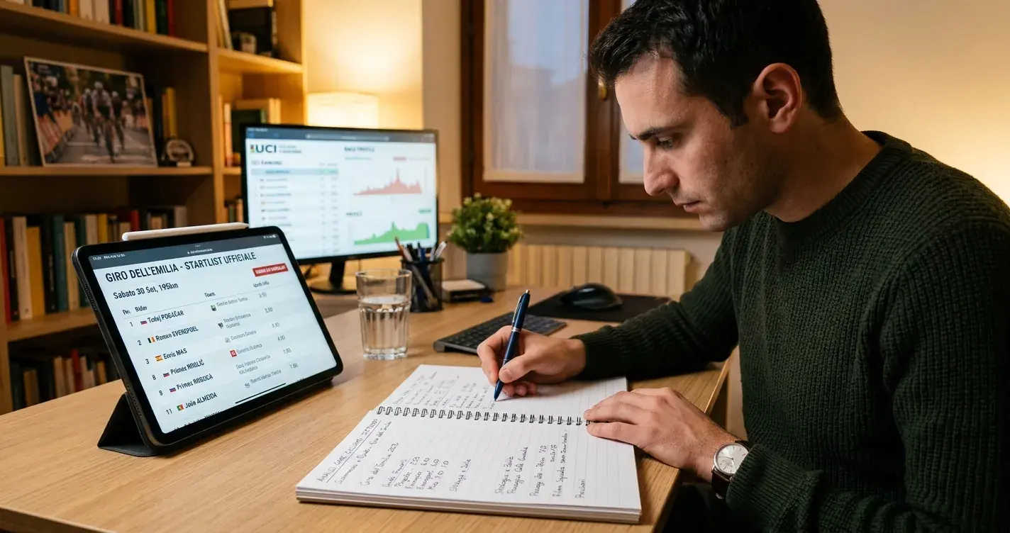 Persona analizza le quote di una corsa ciclistica annotando le probabilità su un taccuino
