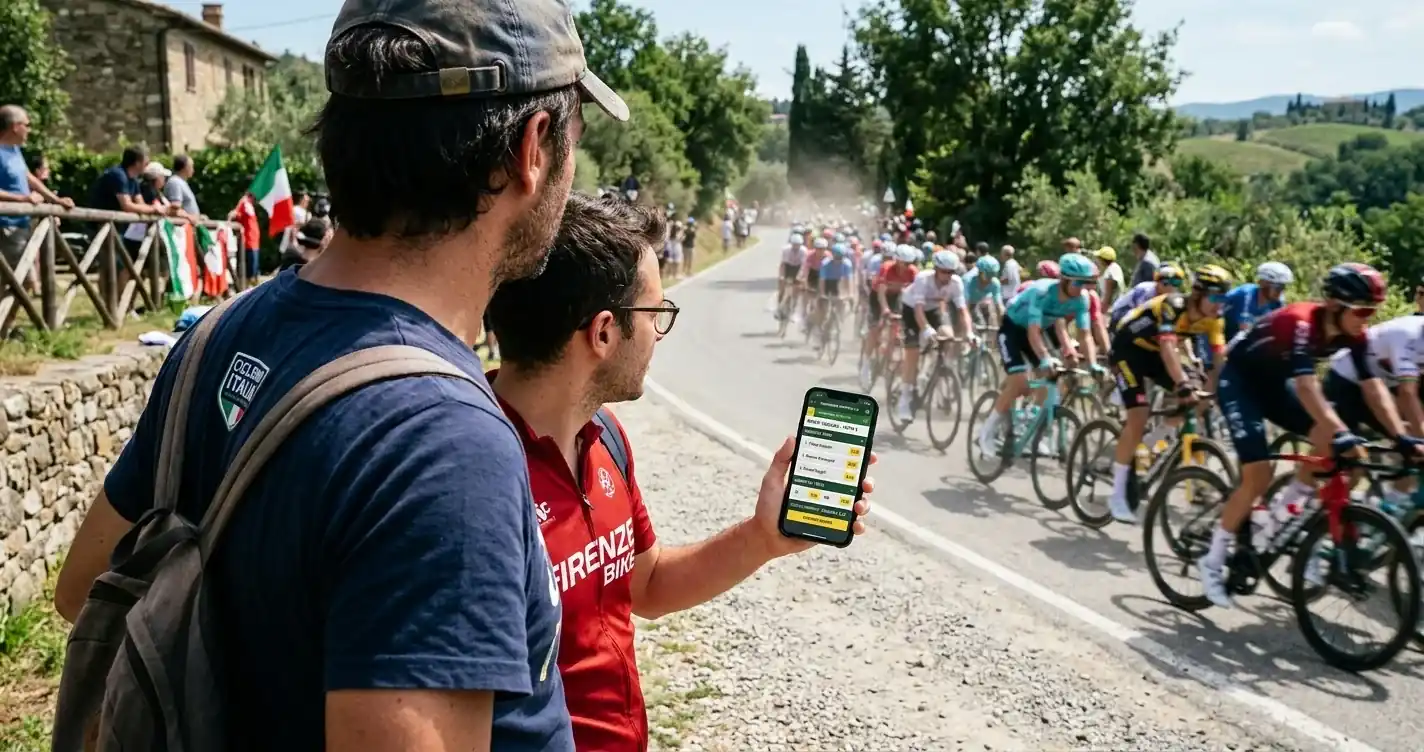 Tifosi seguono una corsa ciclistica su uno smartphone con quote in tempo reale a bordo strada